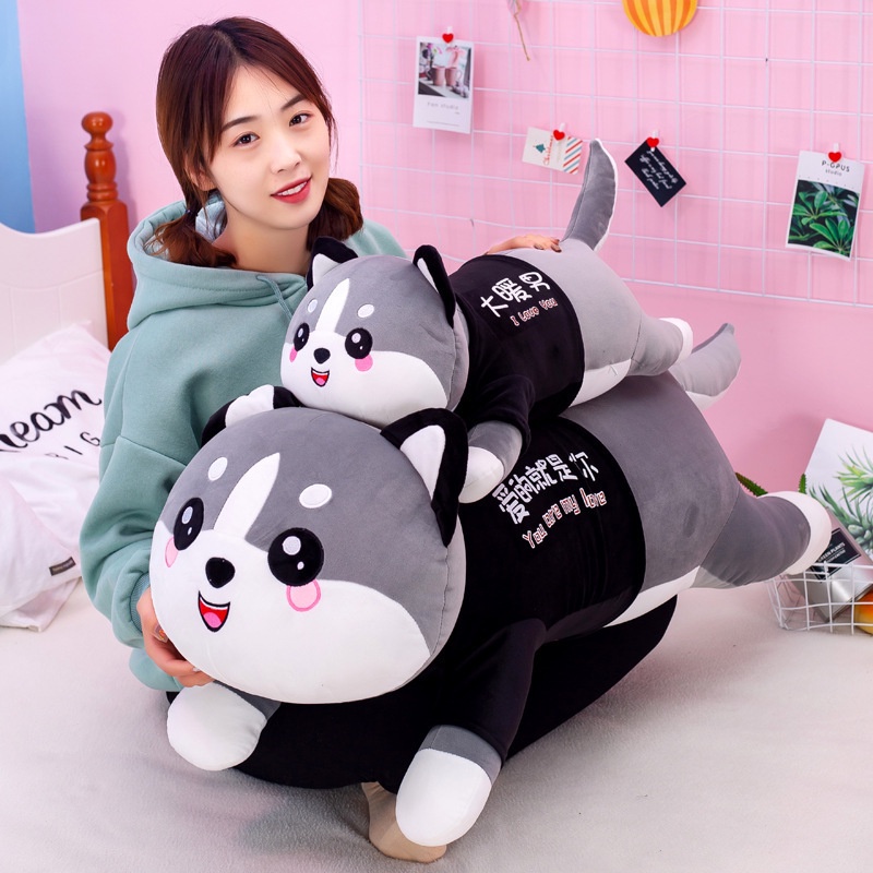 Gối ôm gấu bông mini hình thú mèo husky cho bé ôm ngủ kích thước 50cm 60cm 90cm