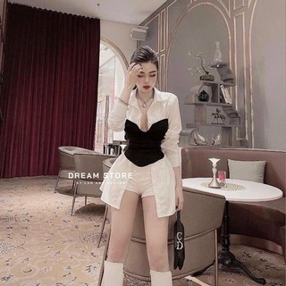 Áo sơ mi dài phối eo thun ôm - S0U