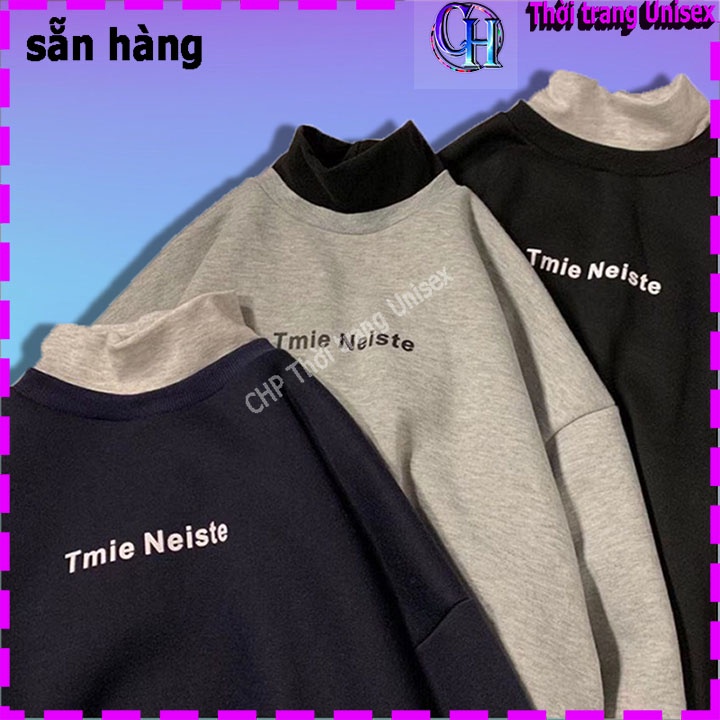 𝐗𝐚̉ 𝐊𝐡𝐨_ 𝐆𝐢́𝐚 𝐒𝐨̂́𝐜  Áo sweater nam nữ cổ cao in chữ TMIE dáng rộng dài tay màu đen xám chất liệu nỉ cotton mềm mịn