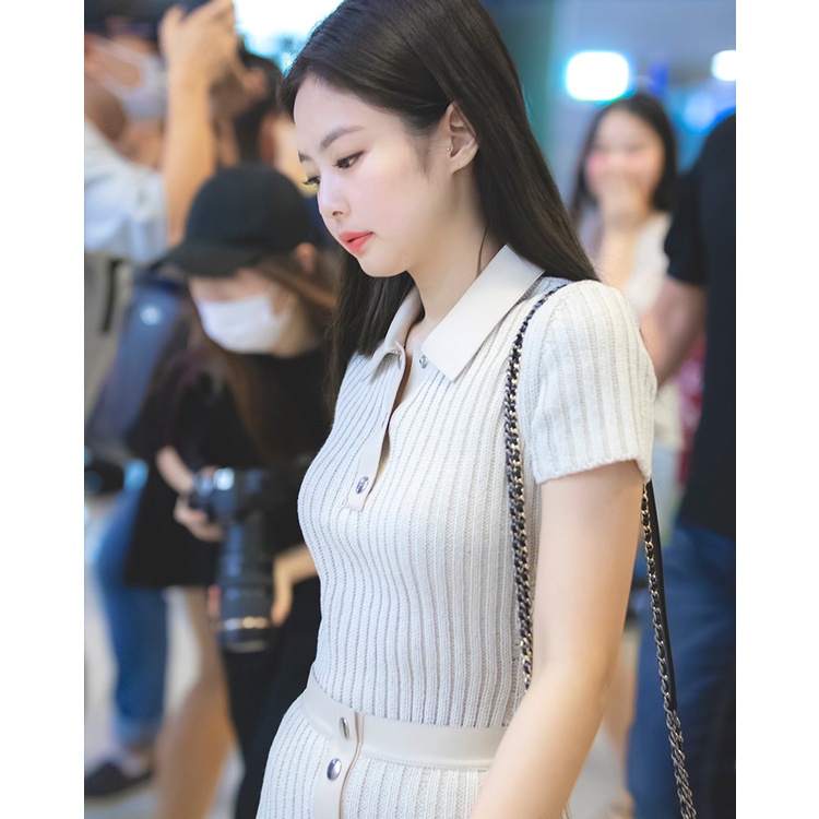 Set áo polo kèm chân váy len ôm chữ A Jennie BlackPink , Kim Joo Jung Backstreet Rookie