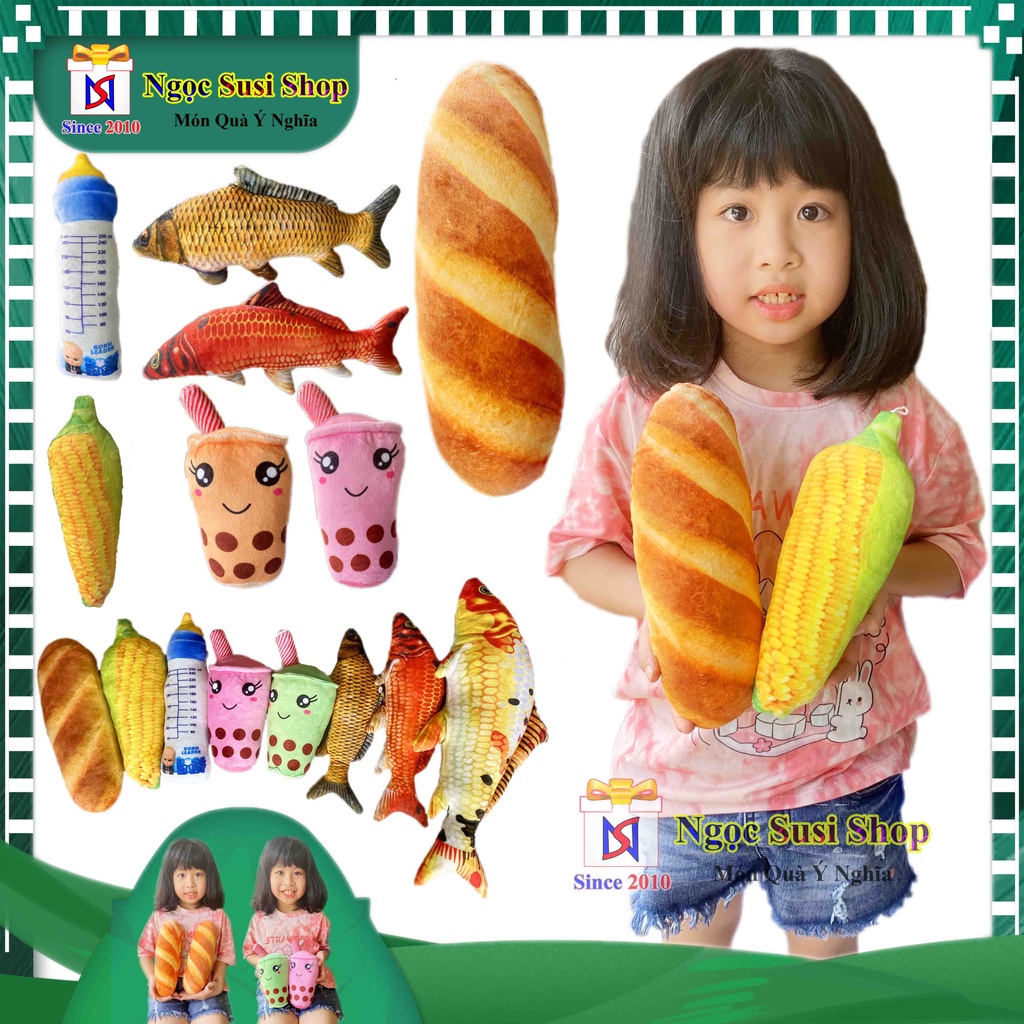 GẤU BÔNG GỐI ÔM BÌNH SỮA ,TRÀ SỮA , BÁNH MÌ , CÁ CHÉP 3D SIZE NHÍ SIÊU MỊN - THÚ BÔNG CHO BÉ