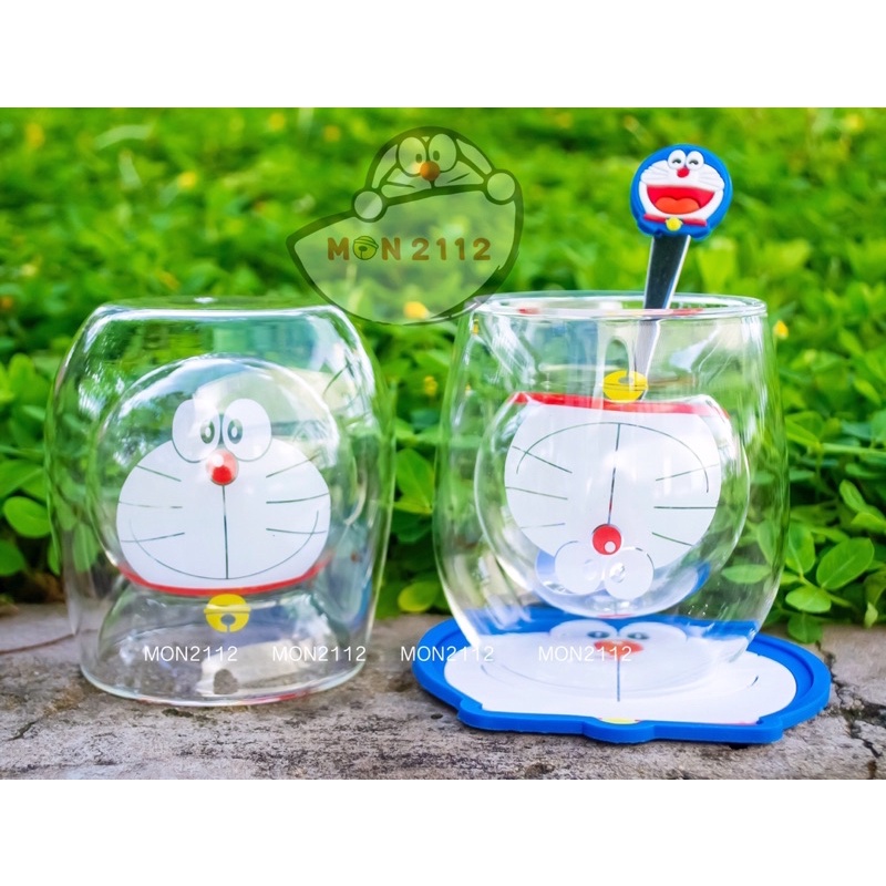 Cốc ly thuỷ tinh Doraemon Doremon 3D trong suốt 2 lớp tặng combo lót ly và muỗng