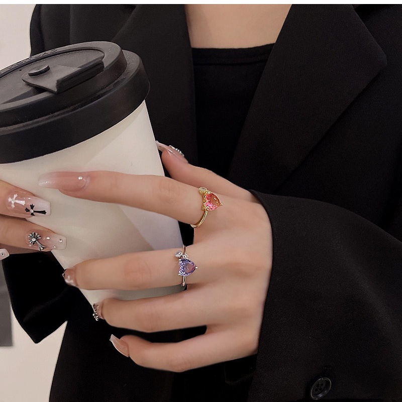 Nhẫn Hở Hai Lớp Đính Đá zircon Hình Trái Tim Dễ Thương Cao Cấp Có Thể Điều Chỉnh Thời Trang Cho Nữ