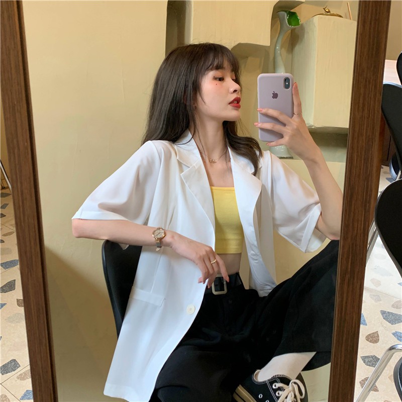 Áo Khoác Blazer Tay Ngắn Màu Trơn Phong Cách Hàn Quốc | BigBuy360 - bigbuy360.vn