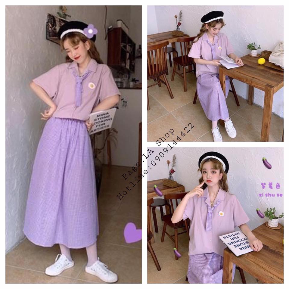 Set áo sơ mi tay ngắn trứng ốp la có cà vạt + váy dài lưng cao sọc caro ulzzang ( 2 màu )