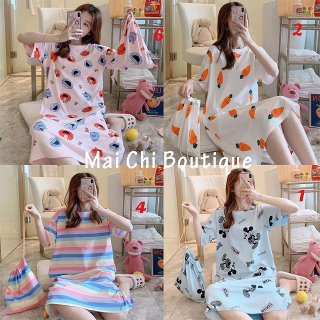 Váy Ngủ Cộc Tay Đầm Ngủ Dáng Suông Chất Cotton Mềm Mát VN01