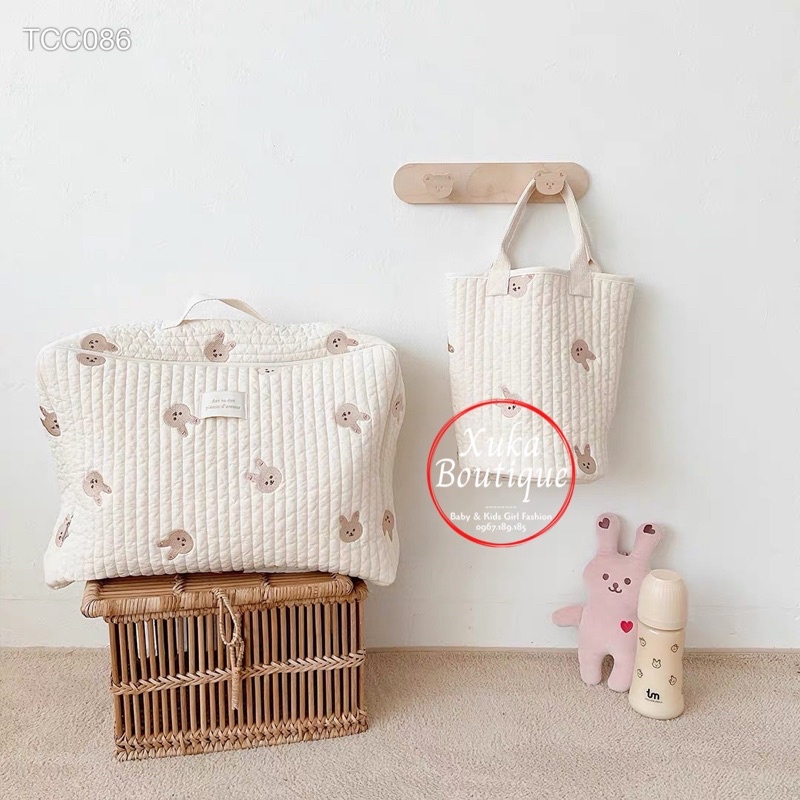 Túi Xách Bỉm Sữa Hàn Quốc Thêu Gấu Thỏ Cho Mẹ Và Bé Đủ Size Hàng Cao Cấp