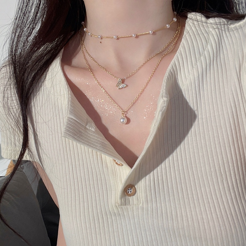 Vòng cổ choker vàng nhiều lớp 17KM hình bướm đính ngọc trai thời trang Hàn Quốc cho nữ