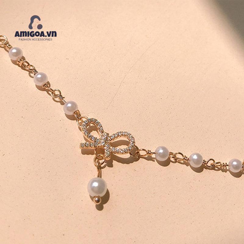 【amigoa.Aq】Vòng Tay Đính Đá Ngọc Trai Kim Cương Giả Thắt Nơ Ngọt Ngào Đa Năng Cho Nữ