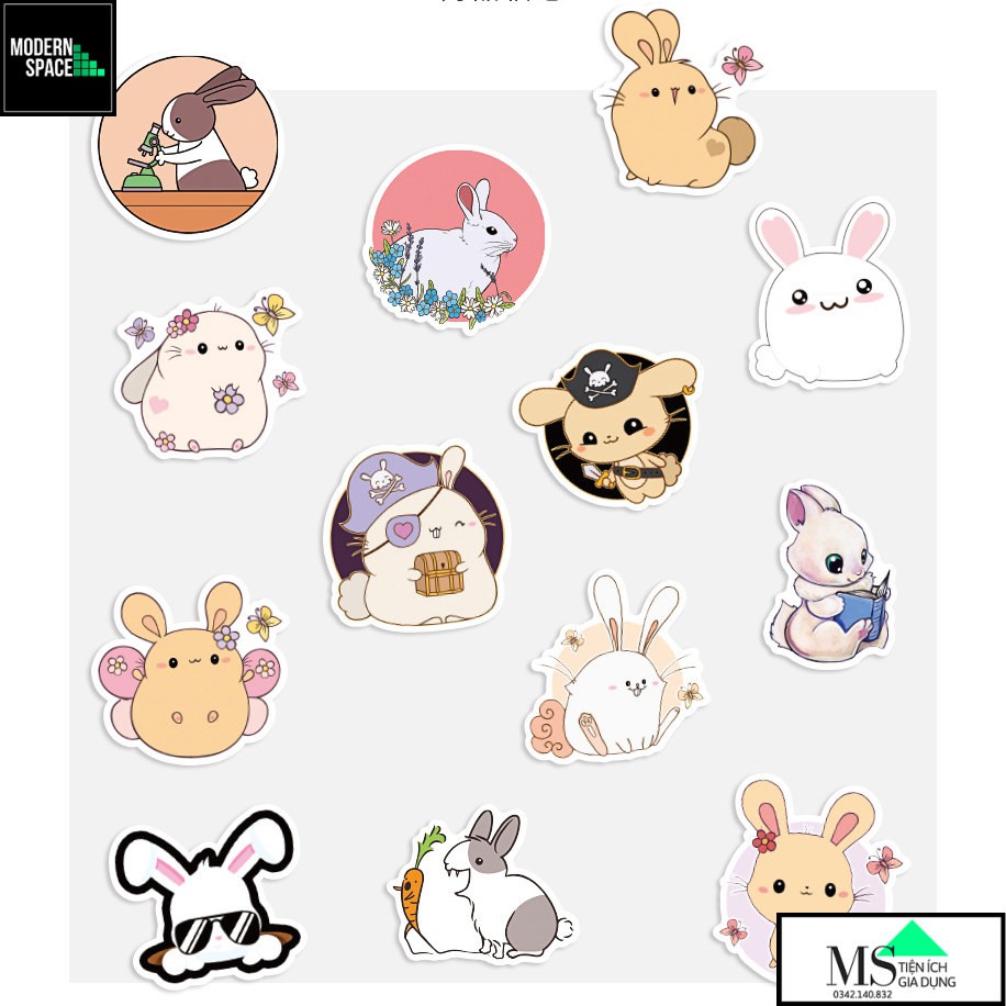 Sticker PVC Thỏ Rabbit ST-134 - Cả bộ 50 Hình dán Stickers Chống nước Dán xe Dán Mũ bảo hiểm Vali Laptop Điện thoại