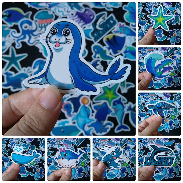 Bộ Sticker dán cao cấp chủ đề MÀU XANH ĐẠI DƯƠNG - Dùng dán Xe, dán mũ bảo hiểm, dán Laptop...