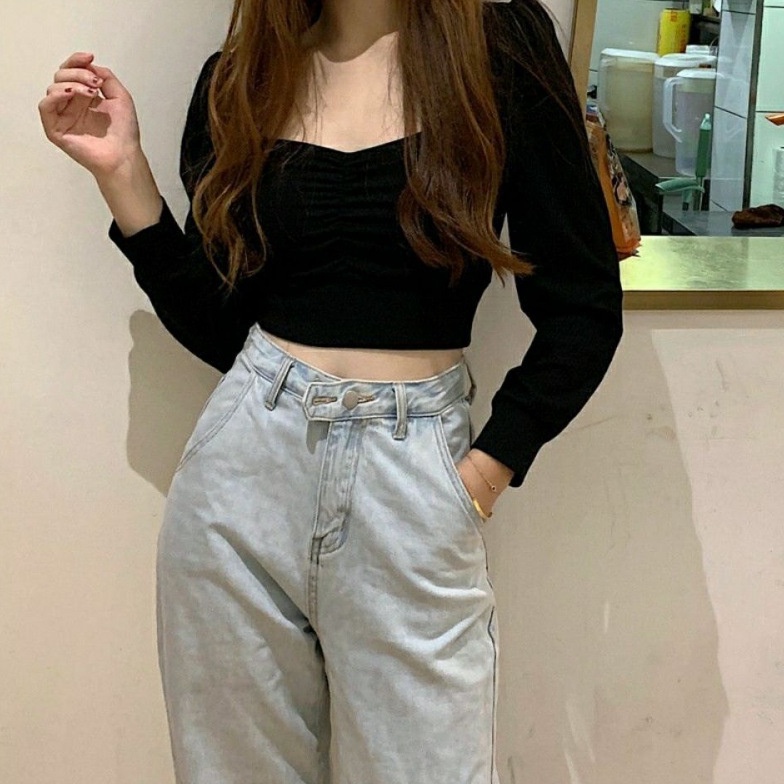 Áo CROPTOP TAY DÀI NHÚN NGỰC CỔ RỘNG BO TAY - A3BOT