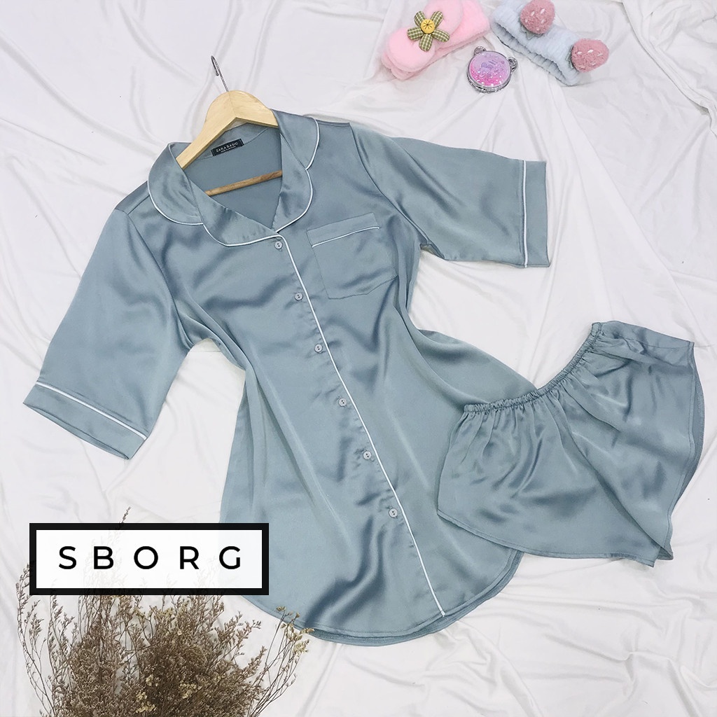 Đồ bộ mặc nhà SBORG bộ ngủ nữ lụa satin cao cấp áo dấu quần quyến rũ tay lửng phối quần đùi ren sexy freesize dưới 62kg | BigBuy360 - bigbuy360.vn