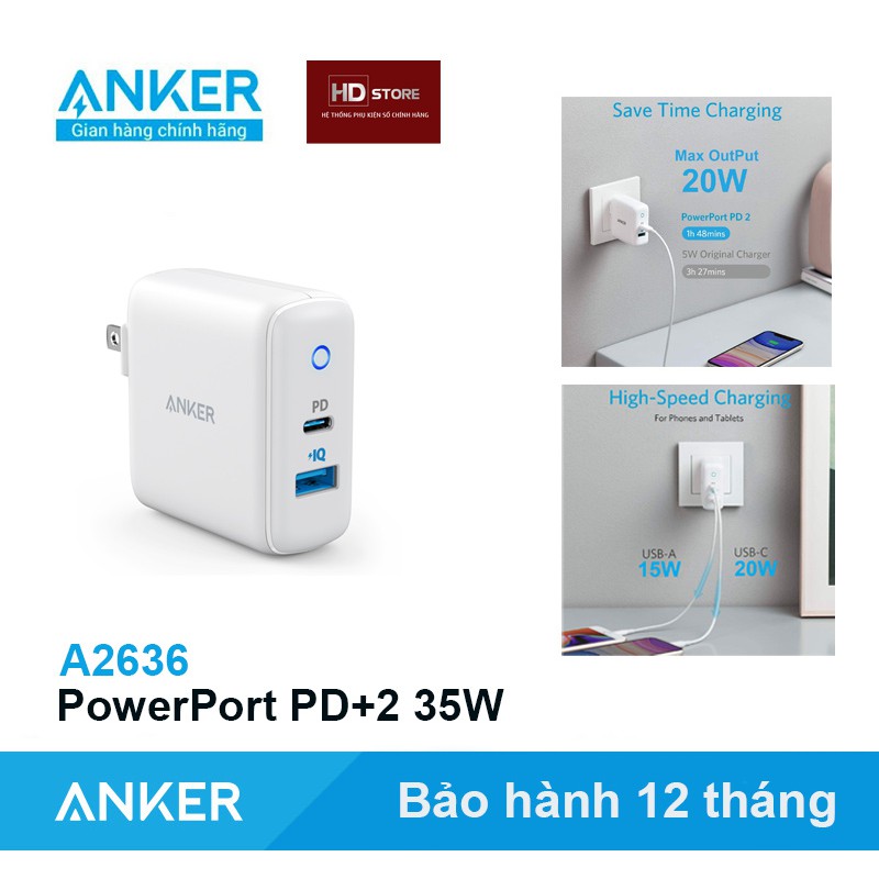 Sạc ANKER PowerPort PD2+ 35W Sạc nhanh PD Iphone 20W  - Mã A2636