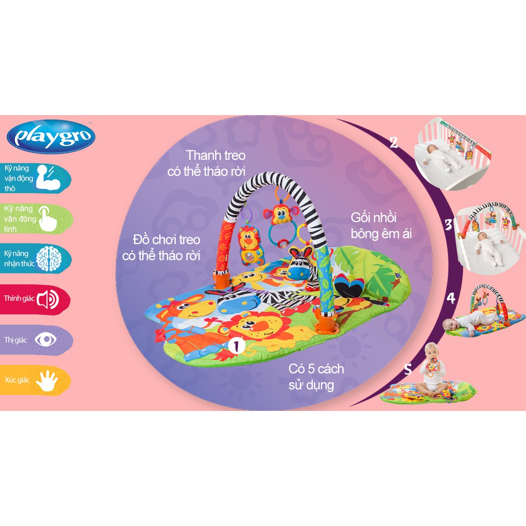 Thảm chơi thú hoang dã 5 in 1 Safari Playgro, cho bé sơ sinh đến 24 tháng