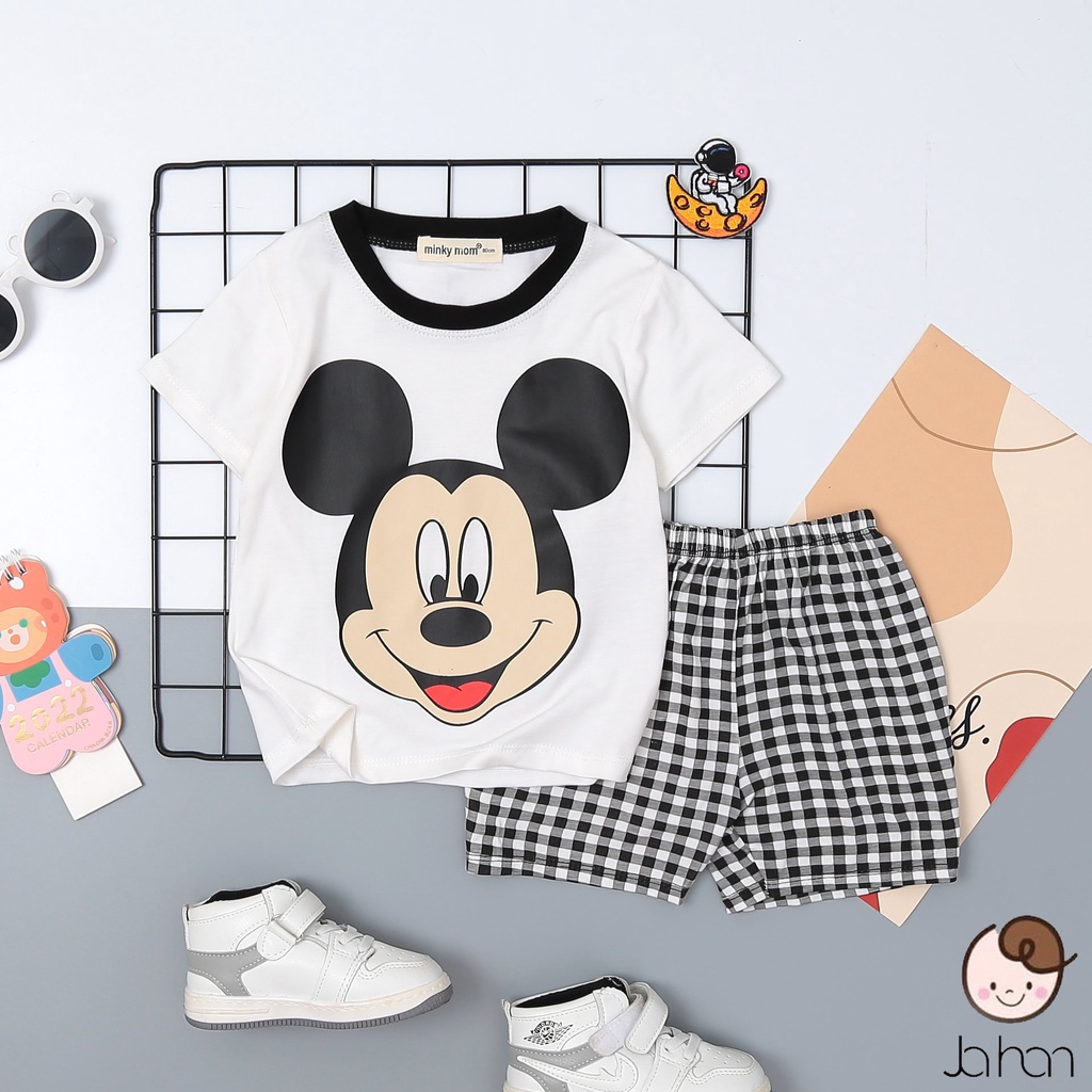 Bộ Quần Áo Bé Gái, Bé Trai Minky Mom Vải Thun Lạnh Hoạ Tiết Hoạt Hình Quần Caro,Bộ Cộc Tay Cho Bé Mặc Nhà MKM2241