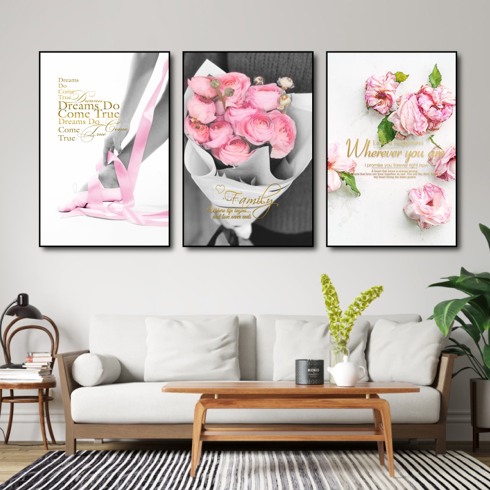 Tranh treo tường canvas hoa hồng khoe sắc 2 decor trang trí phòng khách &amp; phòng ngủ có khung cao cấp tặng đinh 3 chân