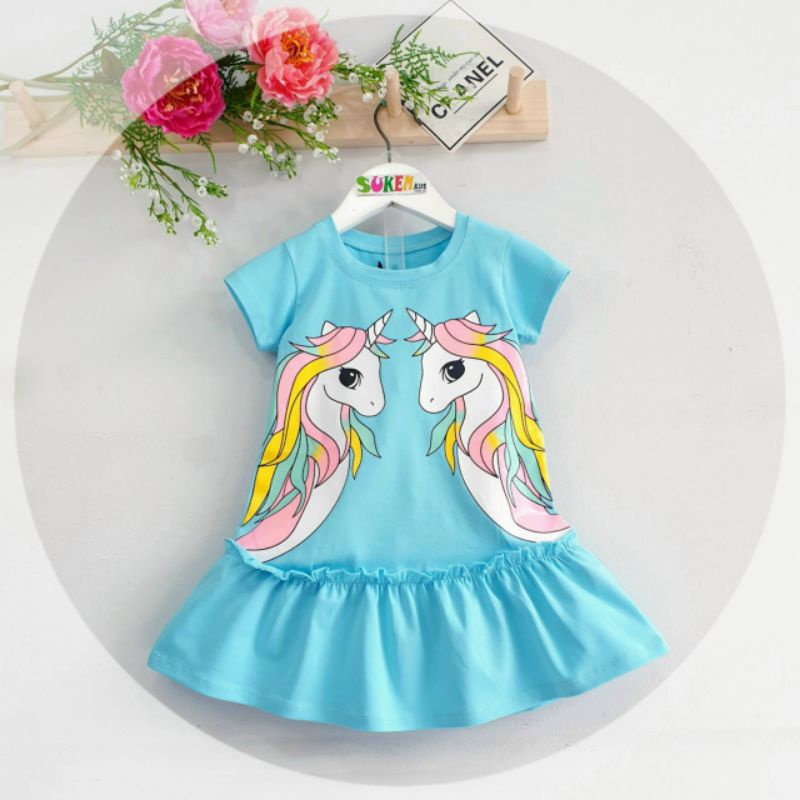 Đầm thun cotton xịn tay cánh tiên xinh xắn in ngựa pony cho bé 9-25kg