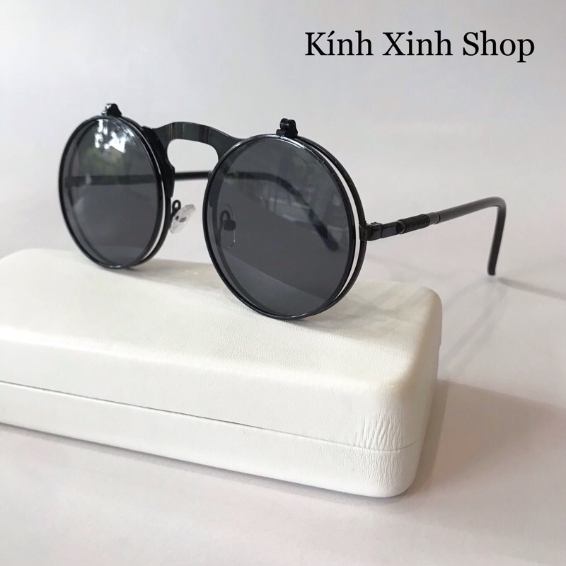 Kính Râm Nam Nữ Mắt Tròn Nhỏ 2 Tròng Lật Lên Gọng Kim Loại Xuống Có Thể Đi Ngày và Đêm