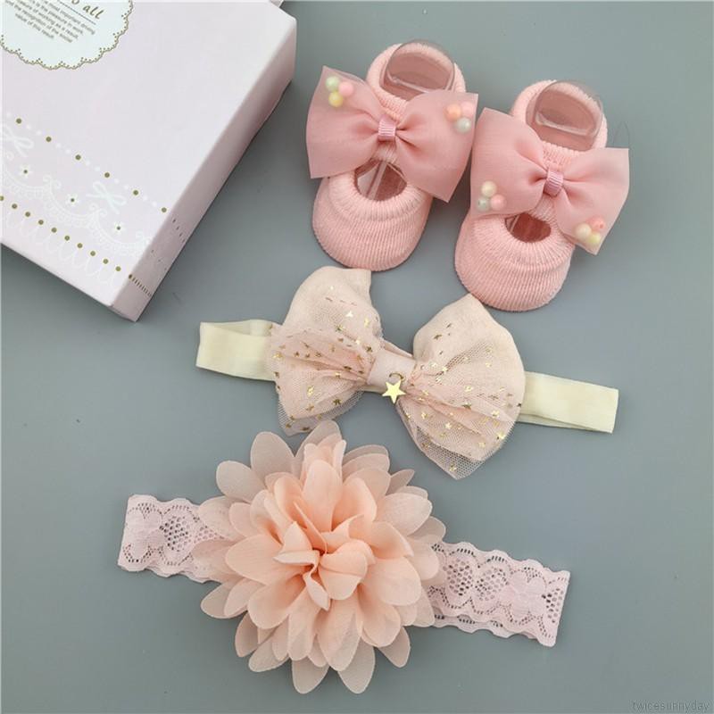 ☀ sunny ღ Baby Cartoon Cotton Flower Design Socks+ Hairband Photography Props Set