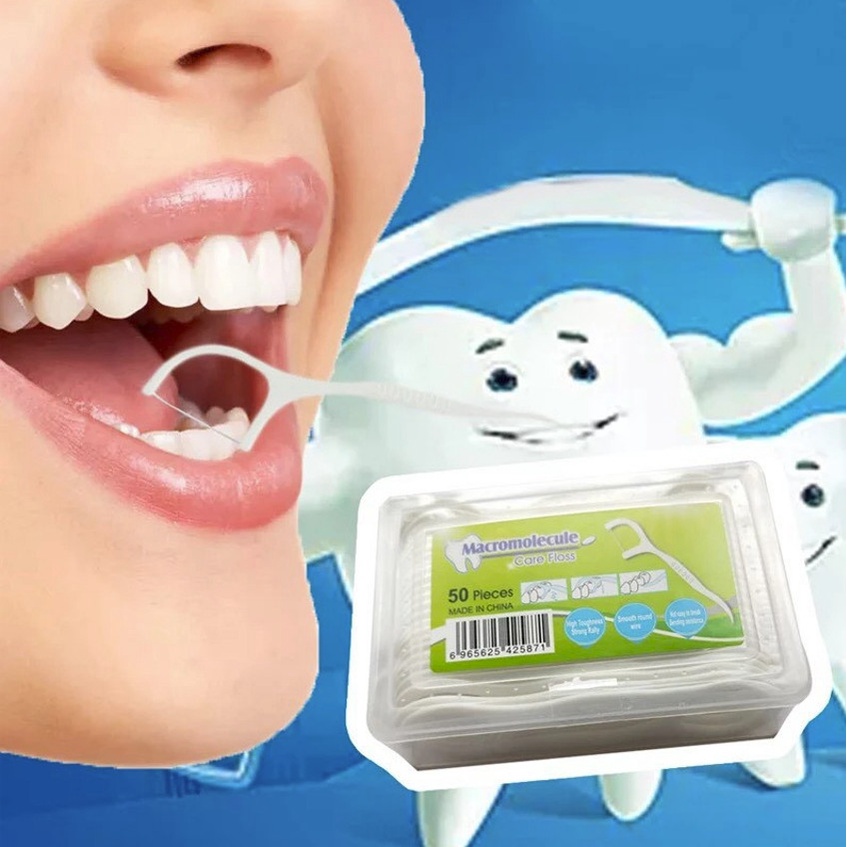 Hộp 50 chiếc tăm chỉ nha khoa giúp làm sạch các mảng bám trên răng miệng - rất an toàn khi sử dụng