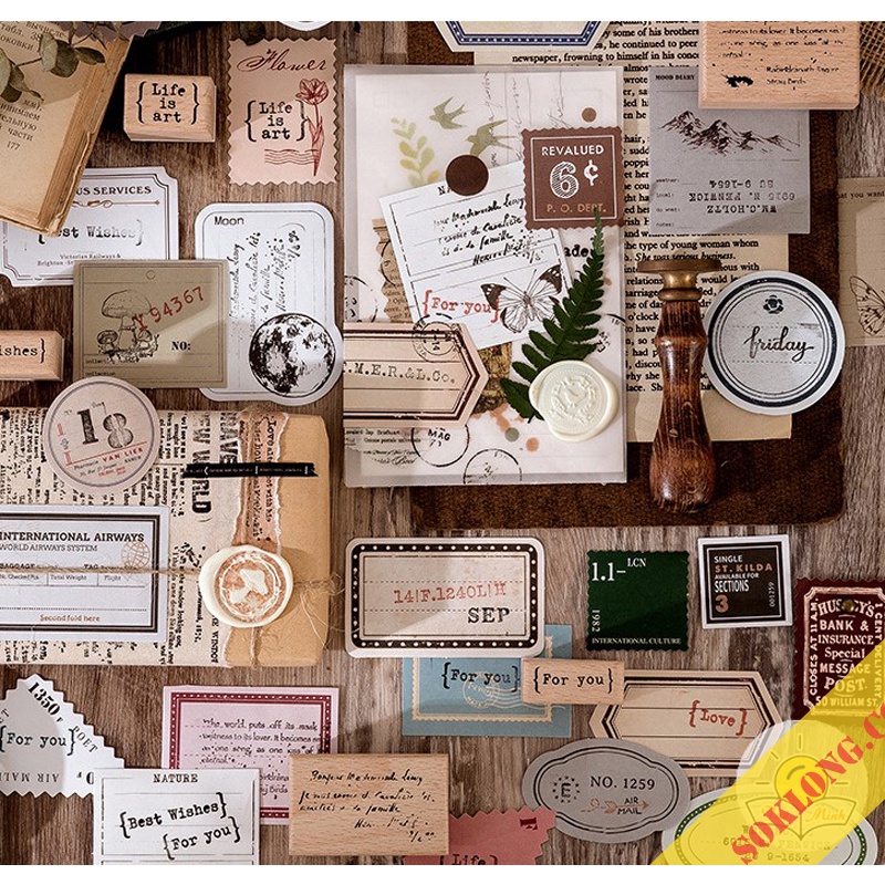 Bộ 40 tem, nhãn tag retro dính sẵn dán sổ bullet journal STI36