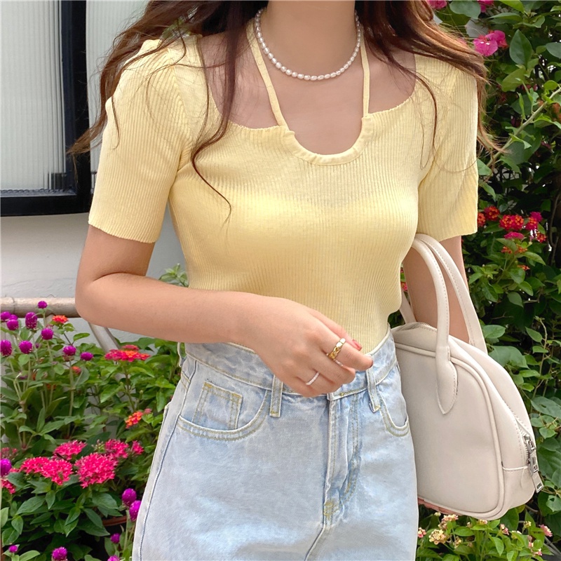 Áo Thun Dệt Kim Dáng Ngắn Phối Dây Buộc Cổ Dễ Phối Đồ