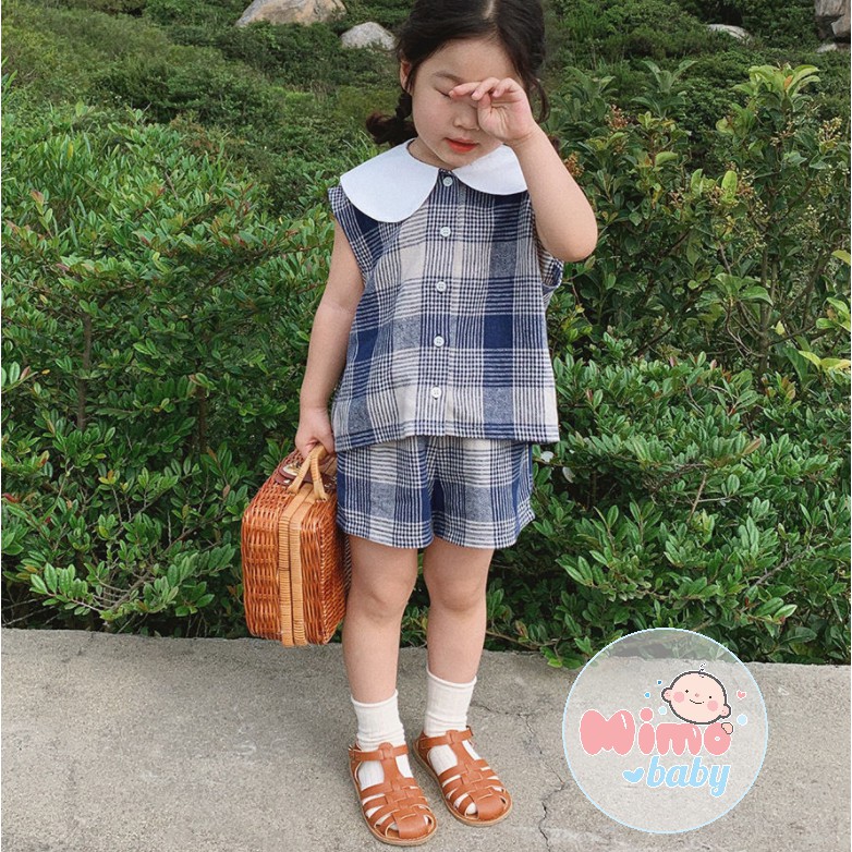 Bộ bé gái hè - Bộ kẻ xanh cổ cánh sen Mimo Baby