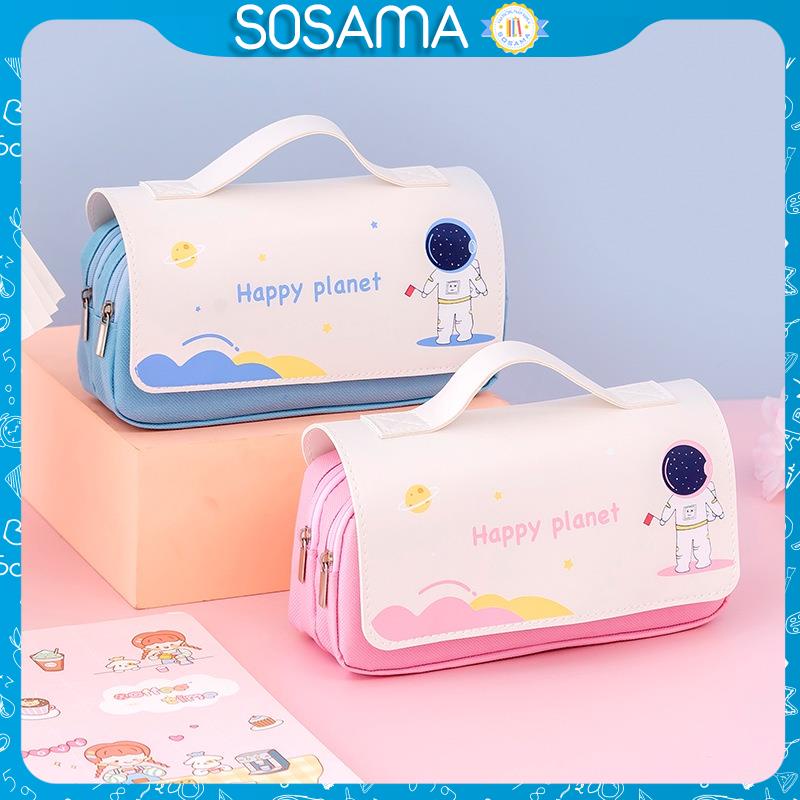 Túi đựng bút SOSAMA hộp bút vải 3 ngăn chống nước có quai họa tiết dễ thương SP-001365