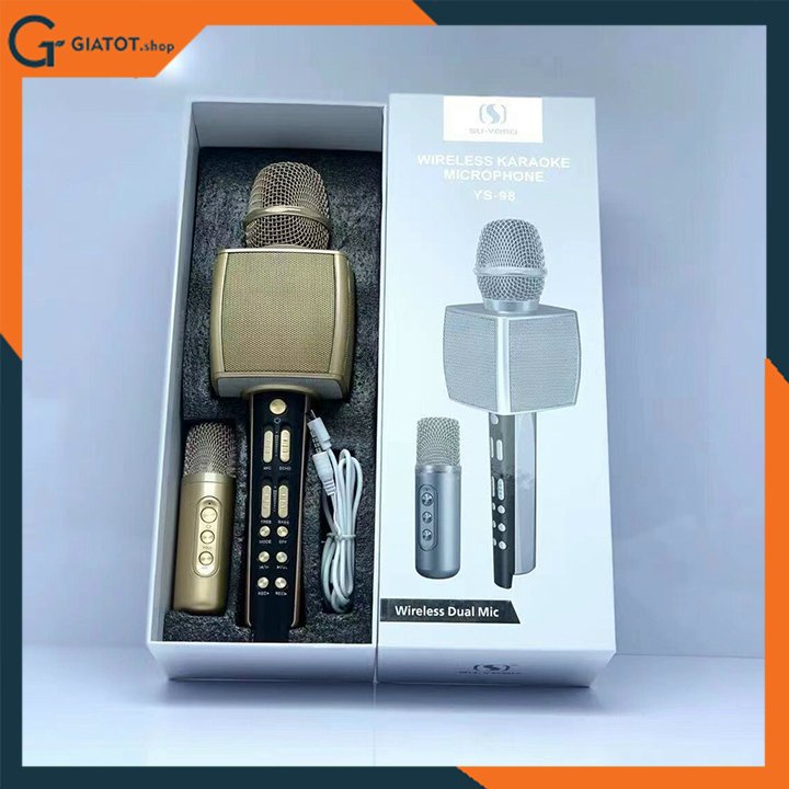 Micro karaoke bluetooth YS98 cao cấp thêm 1 mic để hát song ca tích hợp loa bass tress