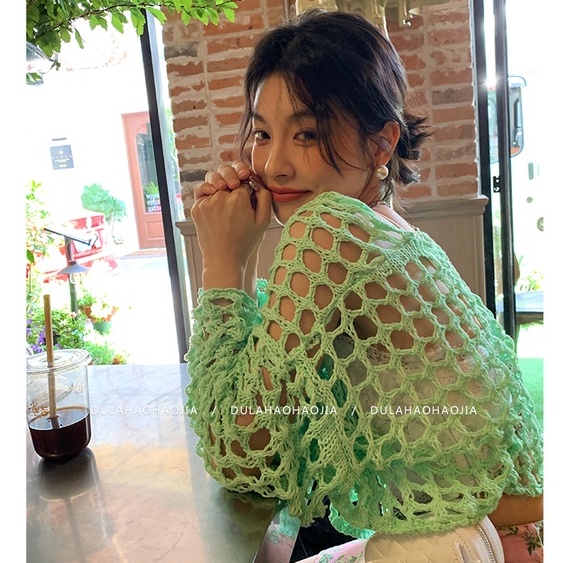 Áo croptop QKOOLE dệt kim tay dài dáng rộng chống nắng phong cách Hàn Quốc dành cho nữ