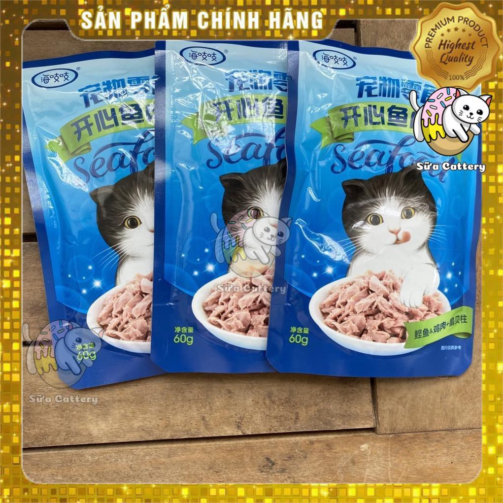 Pate cho mèo Happy Akachan Cá Ngừ,Gà,Sò,Mực Ống Nhuyễn Mịn Gói 60gr