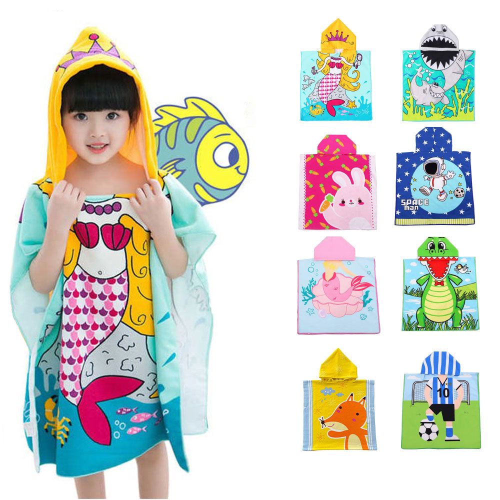 Khăn choàng tắm có mũ trùm đầu cotton mềm mại thấm hút họa tiết hoạt hình 23.62''x35.43'' dành cho trẻ em