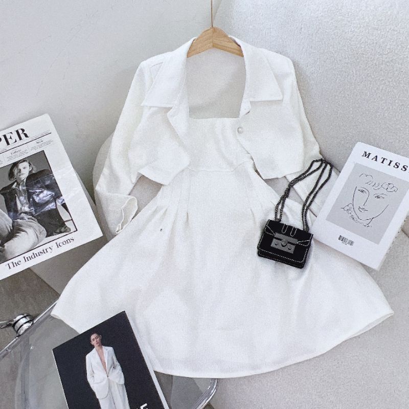 Set Đầm Dạ 2 Dây Trắng Xoè + Áo Khoác Croptop Cổ Sơ Mi