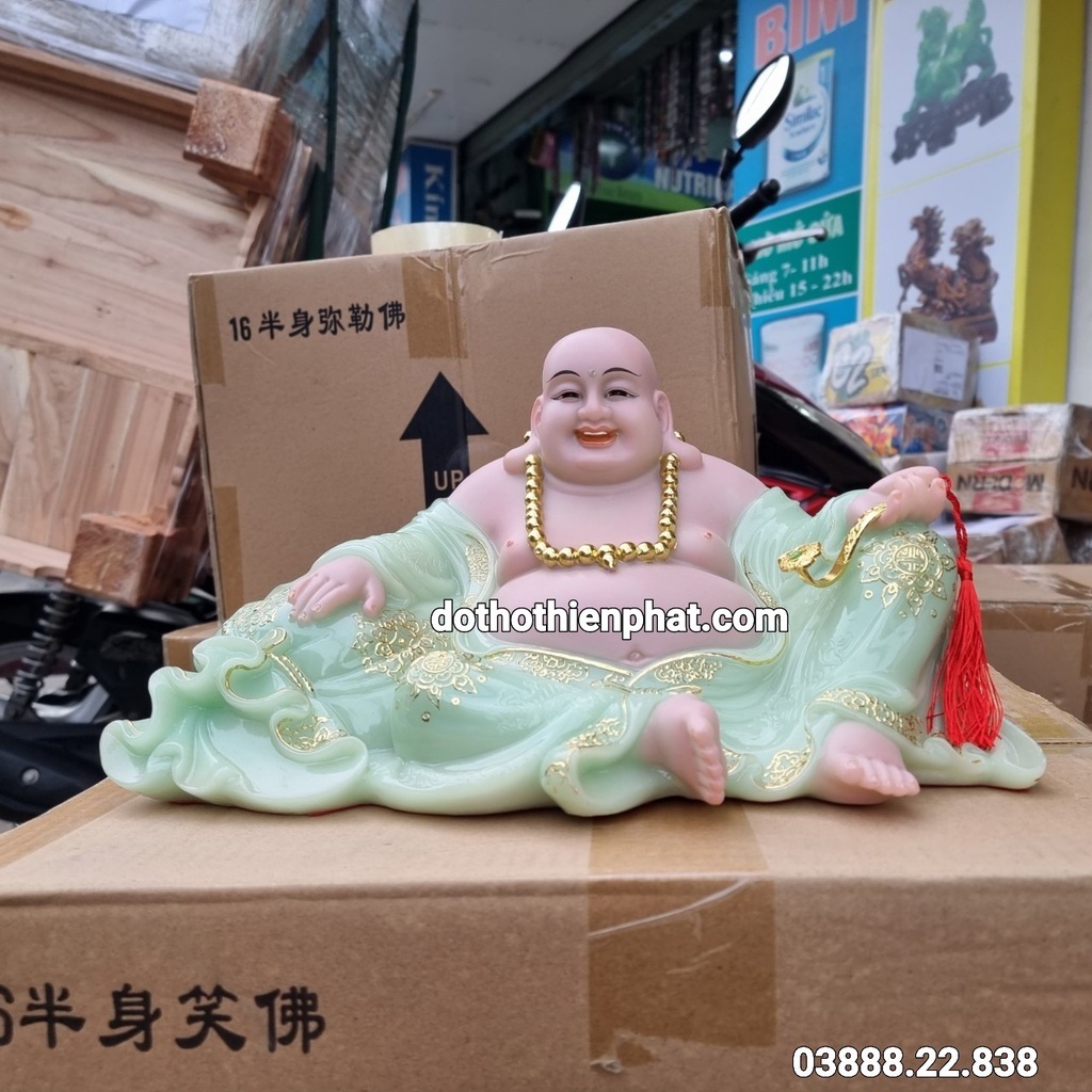 Tượng Phật Di Lặc đá 12in ngang 27cm màu xanh ngọc nhiều kích thước