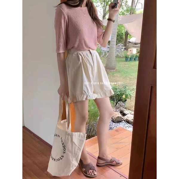 QUẦN SHORT NGỐ FORM RỘNG PHỐI CHÂN BÈO VINTAGE ( màu trắng / đen / be )
