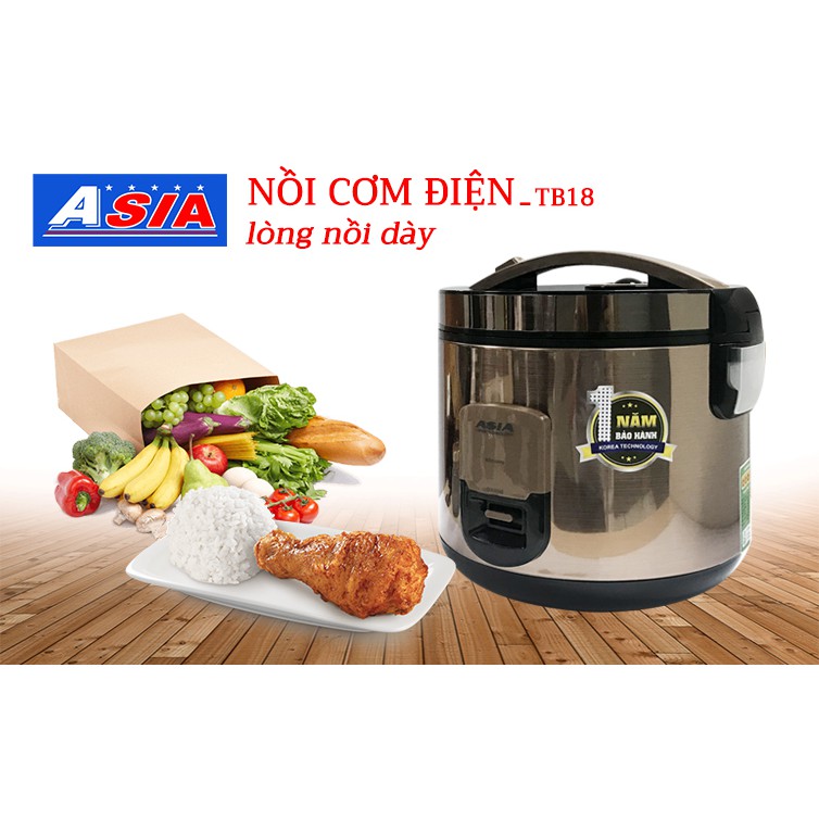 Nồi cơm điện Asia 1.8L Thân nồi được làm từ kim loại sáng bóng, dễ lau chùi