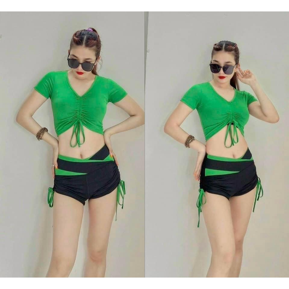 Set bộ đùi thể thao tập gym yoga nữ áo crop ngắn tay quần đùi cạp chéo dây rút phối màu cao cấp Bin Sport BN076