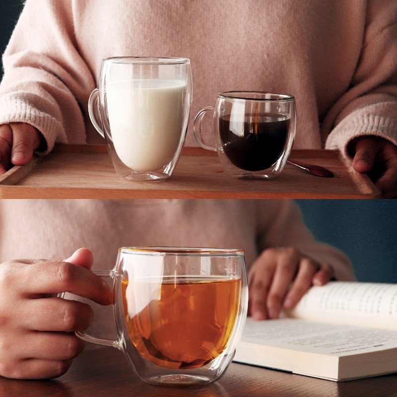 Cốc (ly) thủy tinh 2 lớp giữ nhiệt uống trà và café, có tay cầm