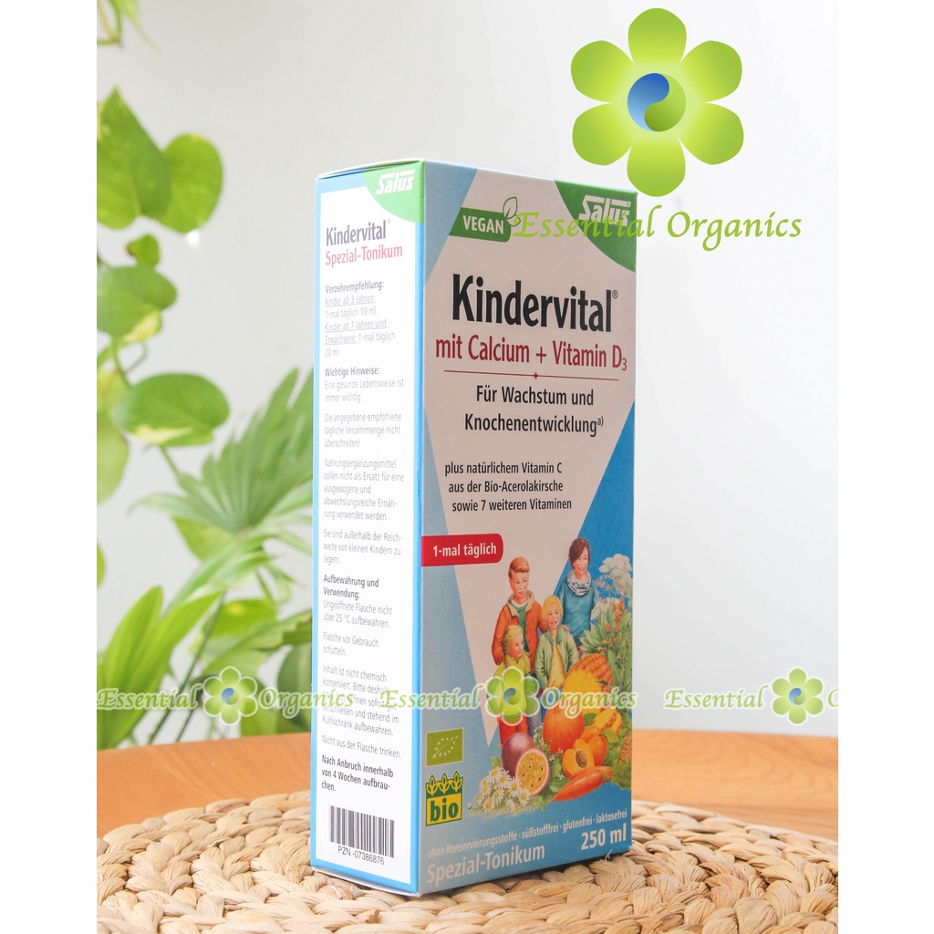 Dung dịch siro bổ sung canxi D3 và các vitamin hữu cơ Kindervital Salus 250ml - dạng nước dễ hấp không gây nóng