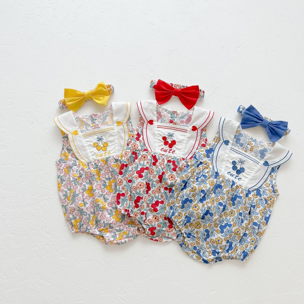 Áo Liền Quần Không Tay Cổ Vuông Thêu Hình Cherry Dành Cho Bé Gái