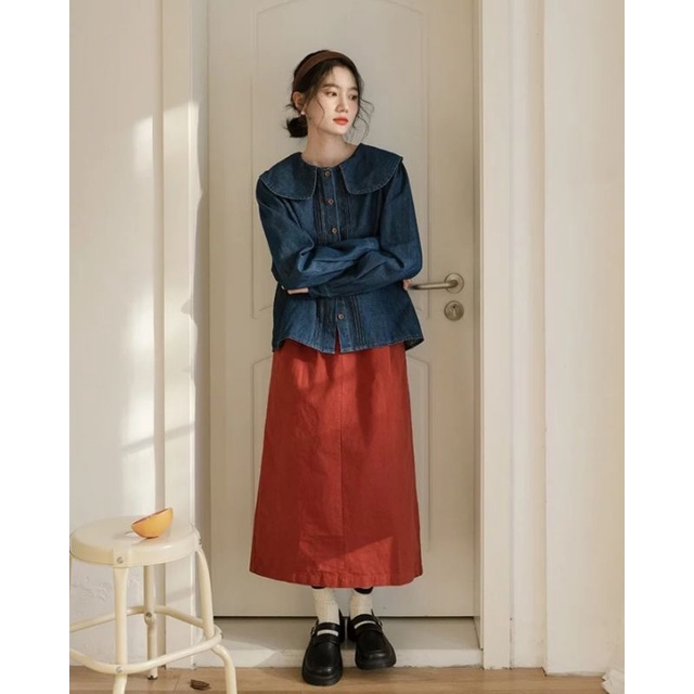 ÁO SƠ MI DENIM CỔ SEN RETRO FORM RỘNG PHONG CÁCH HÀN QUỐC