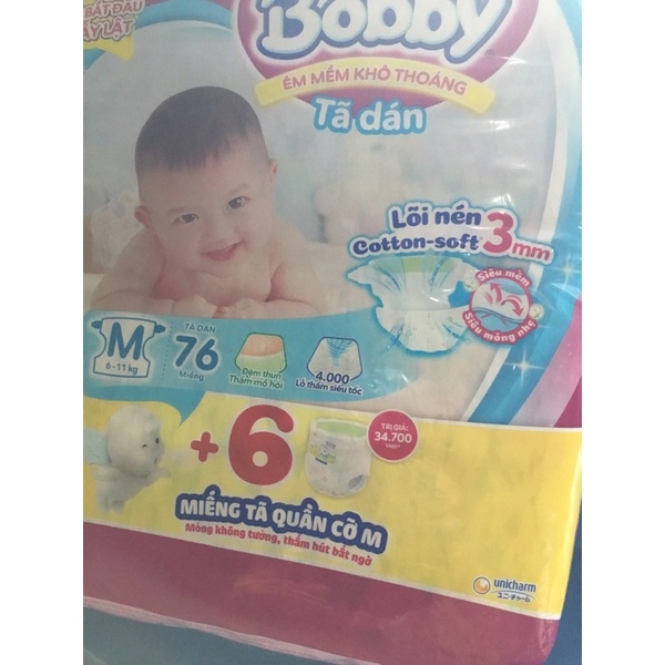 Tã dán Bobby M76 Tặng kèm 6 miếng tã quần size M - Date luôn mới
