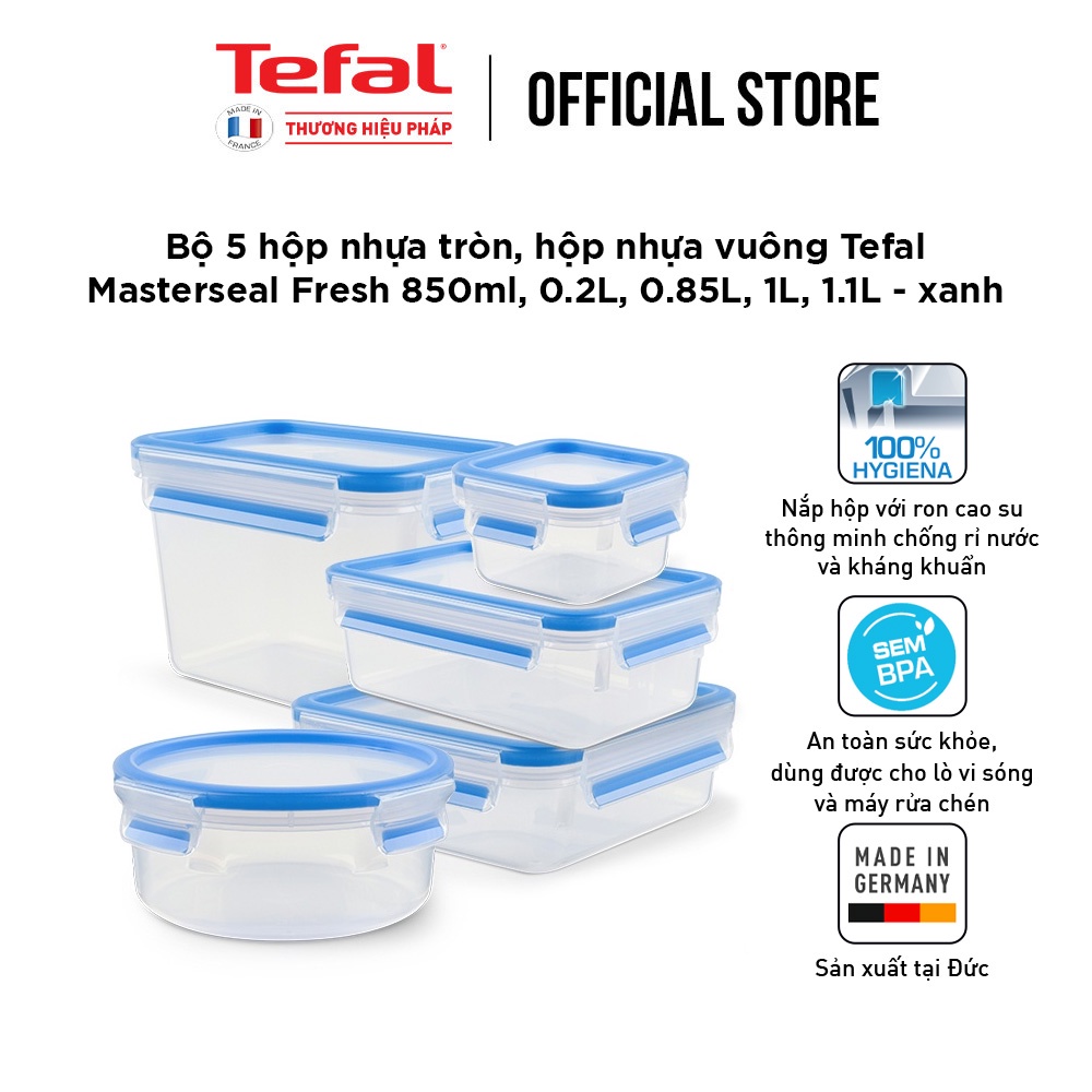 Bộ 5 hộp đựng thực phẩm nhựa Tefal Masterseal Fresh (850ml,200ml,850ml,1000ml,1100ml)