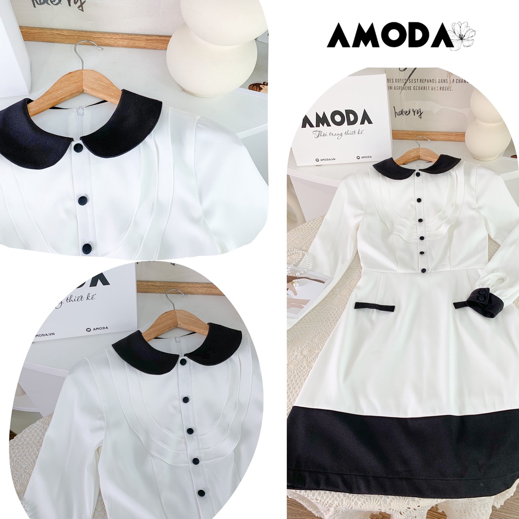 Váy Đầm nữ thiết kế cao cấp tiểu thư trắng phối đen siêu xinh AMODA VD005