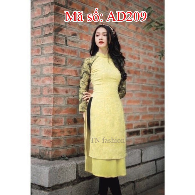 AD209 Có size lớn 4XL Áo Dài Cách Tân CỔ TRỤ GẤM 2 TÀ PHỐI TAY HỌA TIẾT HOA HỒNG