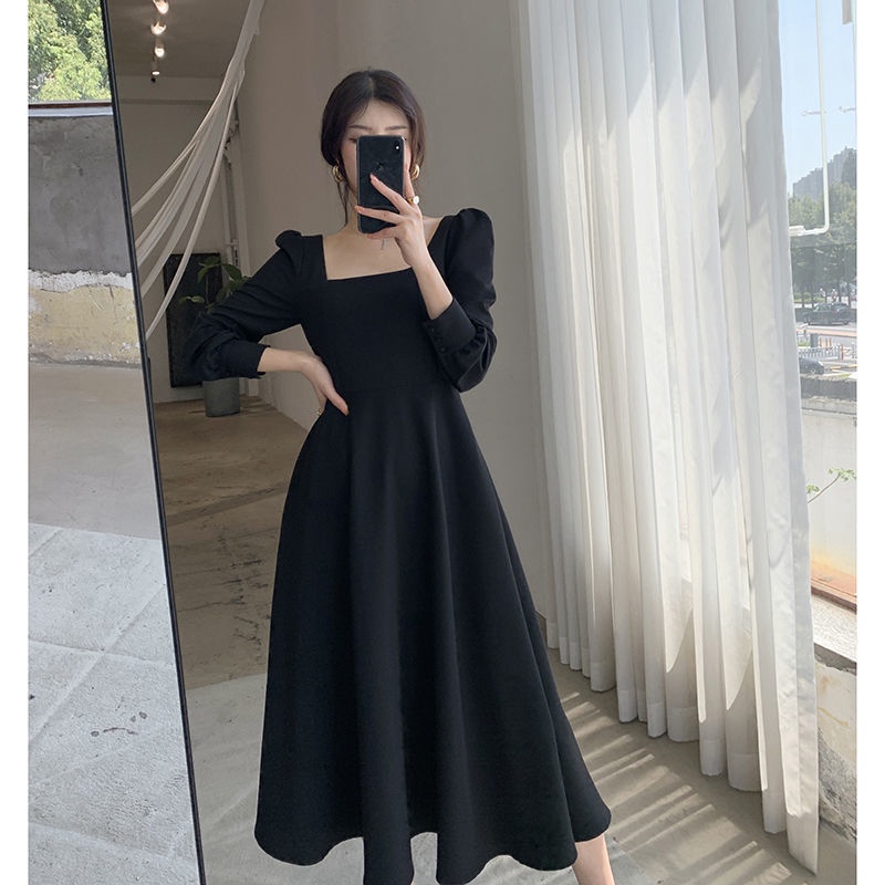 Đen Đầm Tay Dài Cổ Vuông Phong Cách Retro Pháp Thời Trang Mùa Thu Cho Nữ