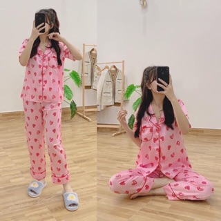 Bộ pijama lụa quần dài áo cộc - bộ mặc nhà - bộ lụa satin