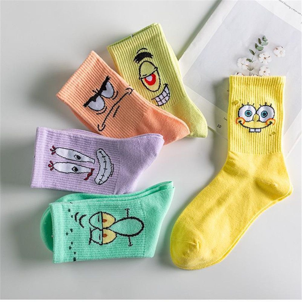 Tất cotton cổ cao in hình Spongebob dễ thương cho nữ