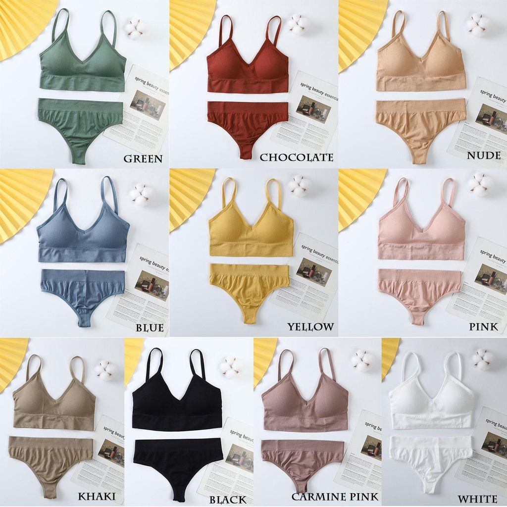 ♪PATH♪ 2Pcs/set Ladies Briefs Sexy Triangle Cup Basic Women Underwear No Rims Bra Set Bralette Lingerie Stretchy Tank Tops Ladies Suit Fashion Brassiere Comfortable Sports Thong Bra/Multicolor